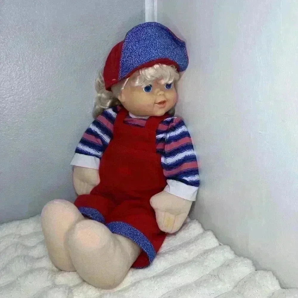 1997 Cititoy Bashful Kids Doll 22 Inch Blonde Girl Red Overalls Blue Eyes